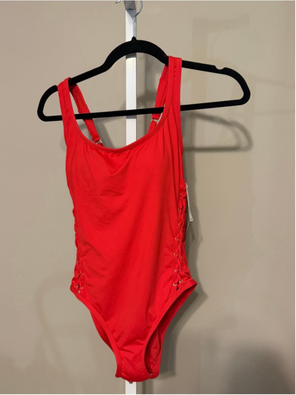 Women's Red One-Piece Swimsuit with Gold Lace-Up Sides, Size 8